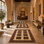 Three Afghan hand-knotted panel rugs in graduated sizes styled in a sun-lit Mediterranean arched lobby with travertine floors — Golden Loom Afghanistan