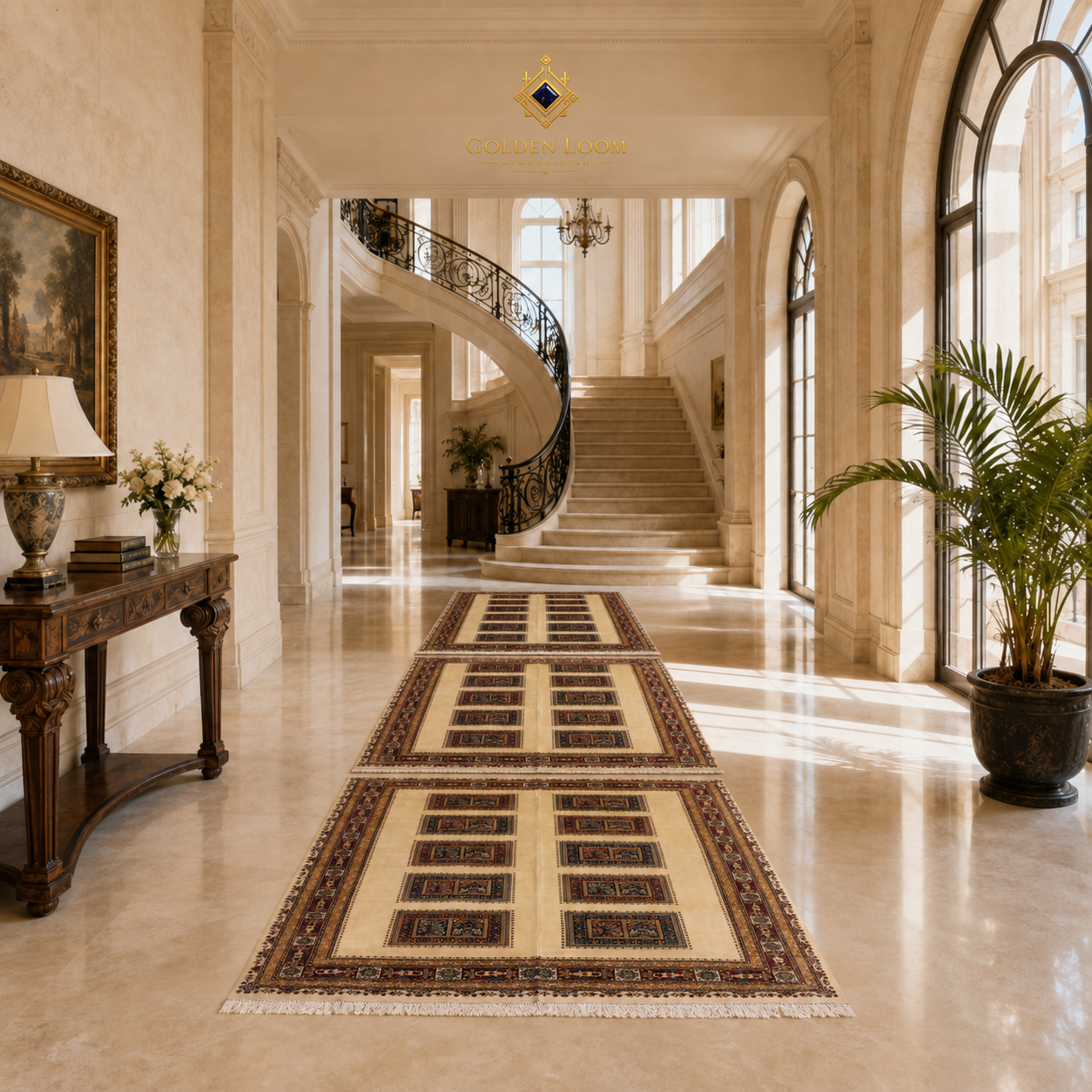 Afghan hand-knotted panel rug styled as a runner in a grand marble foyer with curved staircase and iron balustrade — Golden Loom Afghanistan