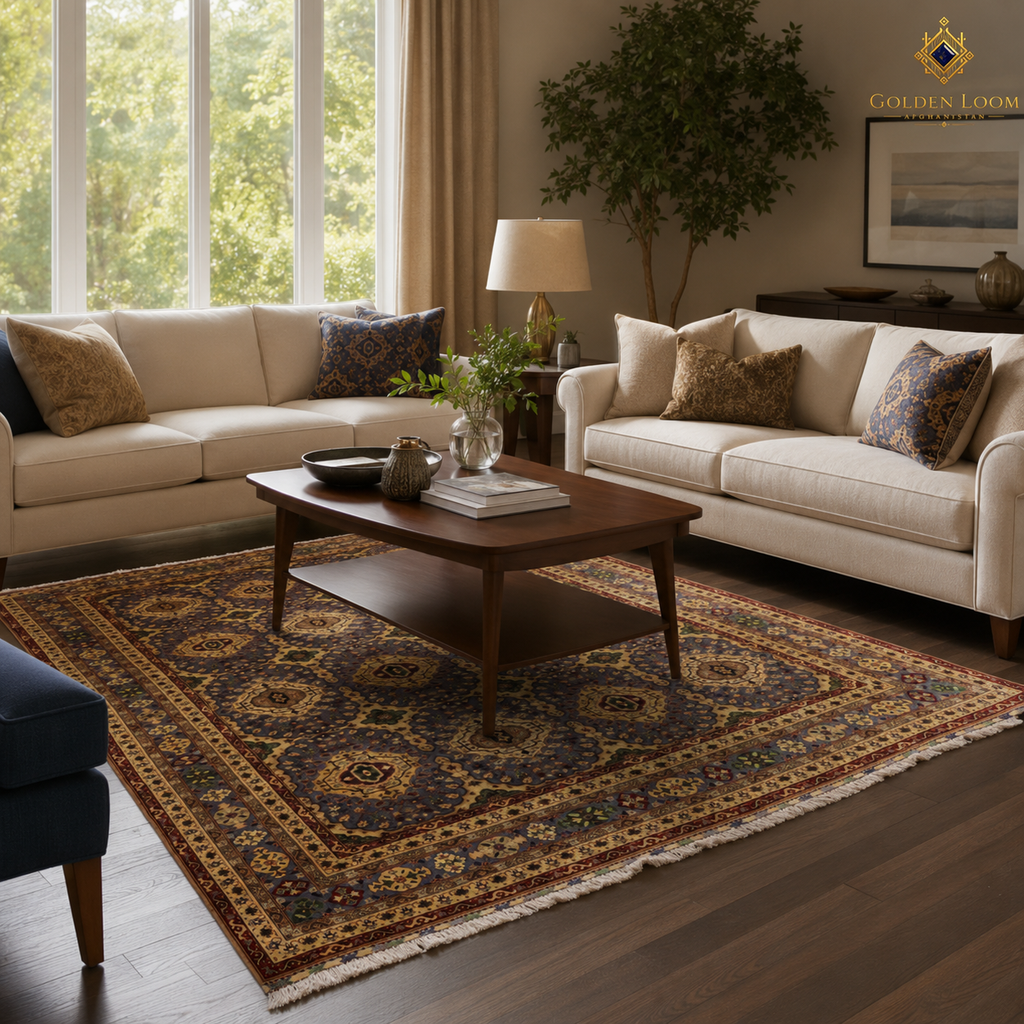 Hand-knotted Afghan rug in deep charcoal, gold, and burgundy with floral medallion design styled in a sunlit living room with cream sofas and mid-century coffee table — Golden Loom Afghanistan