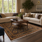 Hand-knotted Afghan rug in deep charcoal, gold, and burgundy with floral medallion design styled in a sunlit living room with cream sofas and mid-century coffee table — Golden Loom Afghanistan