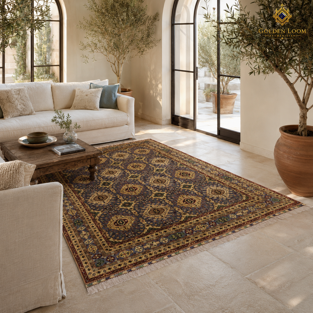 Hand-knotted Afghan rug in slate and antique gold with all-over medallion field styled in a bright Mediterranean-inspired living room with arched steel doors and olive trees — Golden Loom Afghanistan