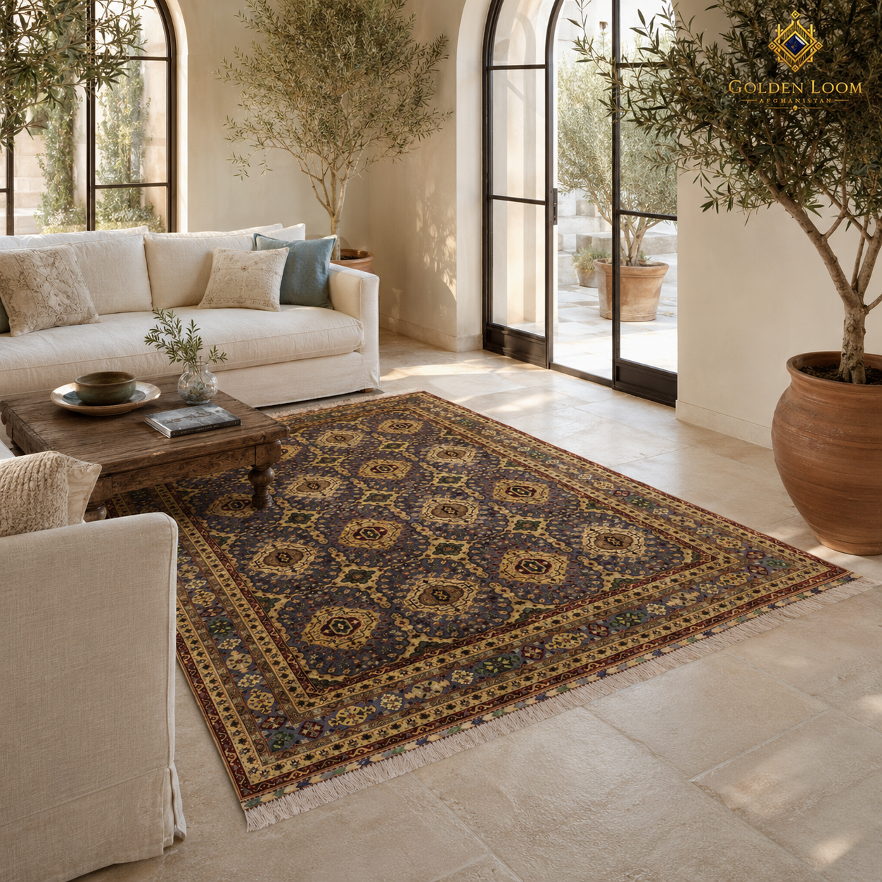 Hand-knotted Afghan rug in slate and antique gold with all-over medallion field styled in a bright Mediterranean-inspired living room with arched steel doors and olive trees — Golden Loom Afghanistan