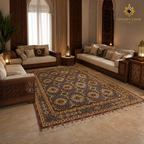 Hand-knotted Afghan area rug in slate blue and gold with all-over octagonal medallion pattern styled in a traditional Arabic majlis with carved wooden sofas and brass lanterns — Golden Loom Afghanistan