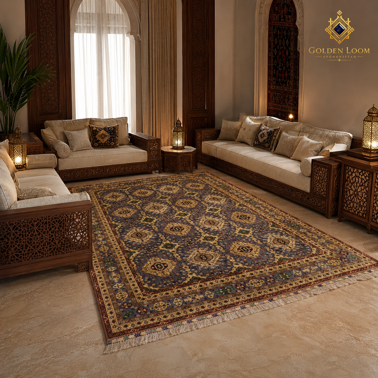 Hand-knotted Afghan area rug in slate blue and gold with all-over octagonal medallion pattern styled in a traditional Arabic majlis with carved wooden sofas and brass lanterns — Golden Loom Afghanistan
