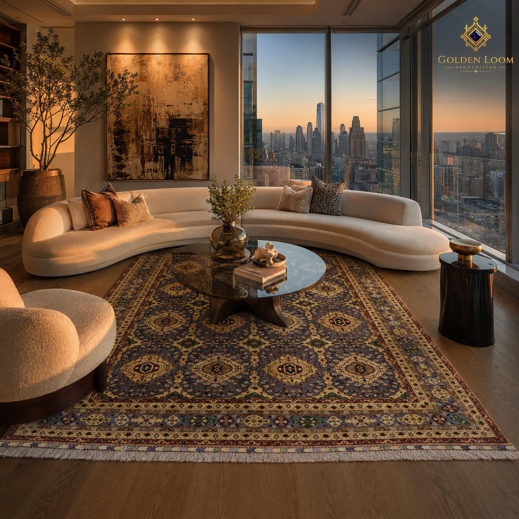 Hand-knotted Afghan rug in charcoal and antique gold with geometric medallion design styled in a contemporary luxury penthouse living room with floor-to-ceiling city skyline views at sunset — Golden Loom Afghanistan