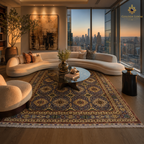 Hand-knotted Afghan rug in charcoal and antique gold with geometric medallion design styled in a contemporary luxury penthouse living room with floor-to-ceiling city skyline views at sunset — Golden Loom Afghanistan