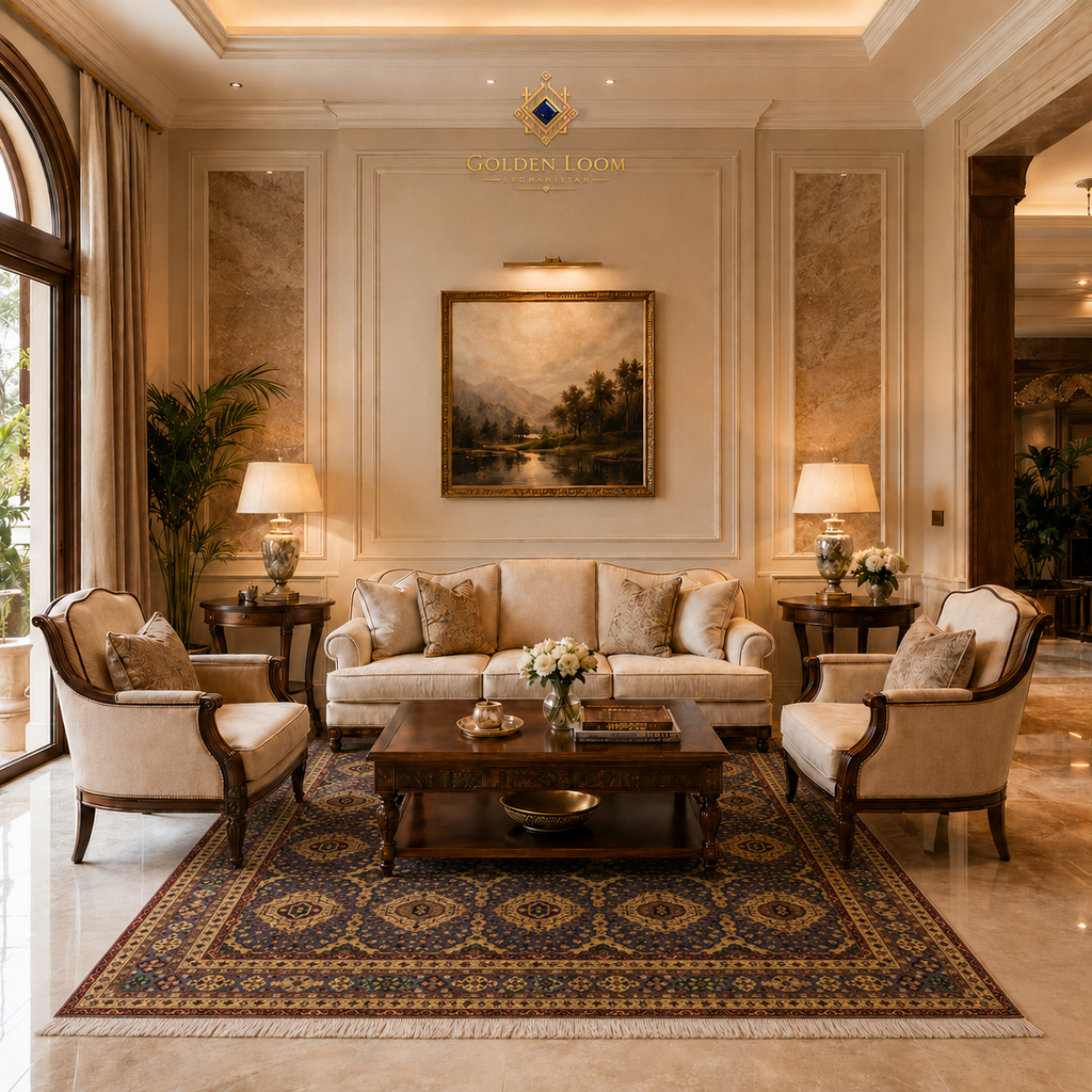 Hand-knotted Afghan rug in deep charcoal and gold with repeating geometric medallions styled in a palatial luxury living room with cream French provincial sofas, marble floors, and ornate wall paneling — Golden Loom Afghanistan