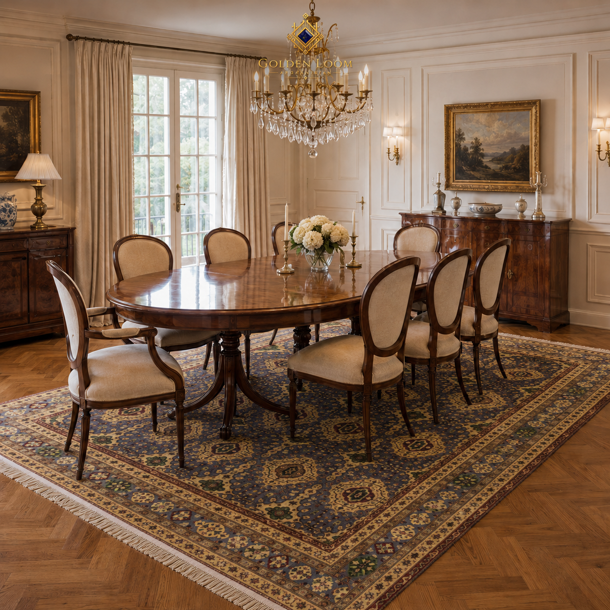 Hand-knotted Afghan area rug in slate blue and antique gold with all-over floral medallion pattern styled under an oval mahogany dining table with eight Louis XVI chairs in a classic European dining room — Golden Loom Afghanistan