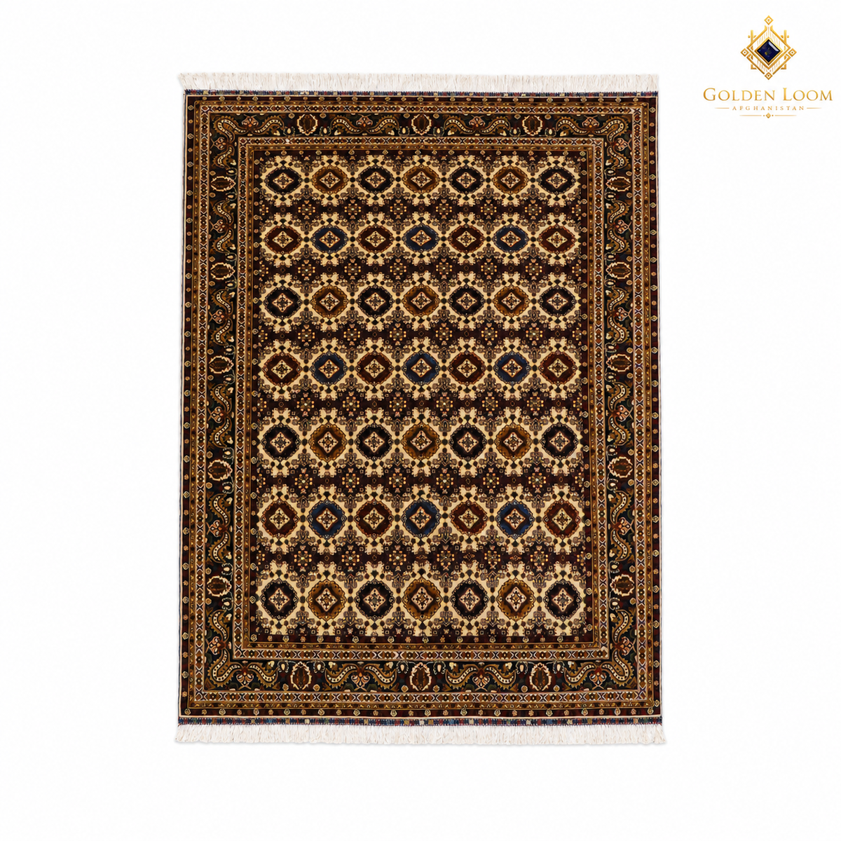Hand-knotted Afghan wool rug with all-over diamond medallion pattern in dark chocolate brown and ivory, Golden Loom Afghanistan