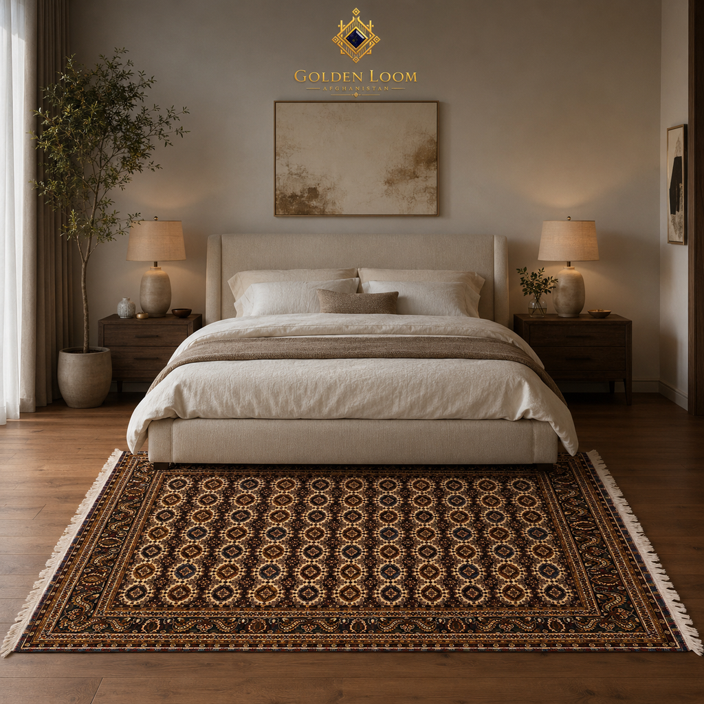 Hand-knotted Afghan wool rug with all-over geometric medallion pattern in dark brown and ivory placed under a luxury upholstered bed, Golden Loom Afghanistan