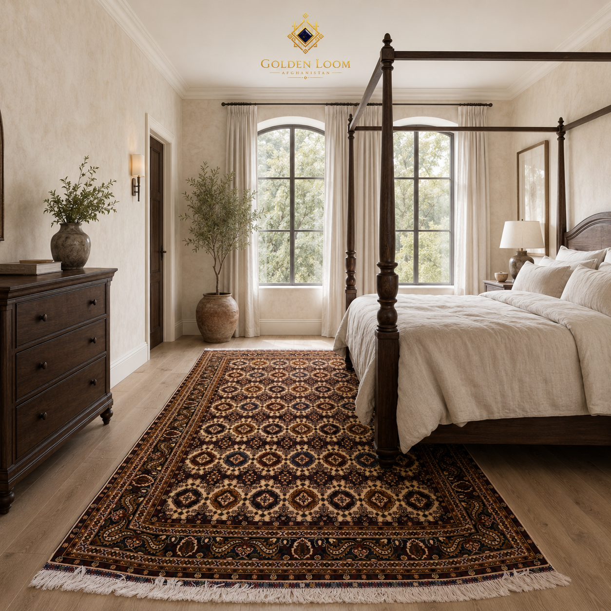 Hand-knotted Afghan area rug in dark brown and cream placed under a four-poster bed in a luxury neutral bedroom, Golden Loom Afghanistan