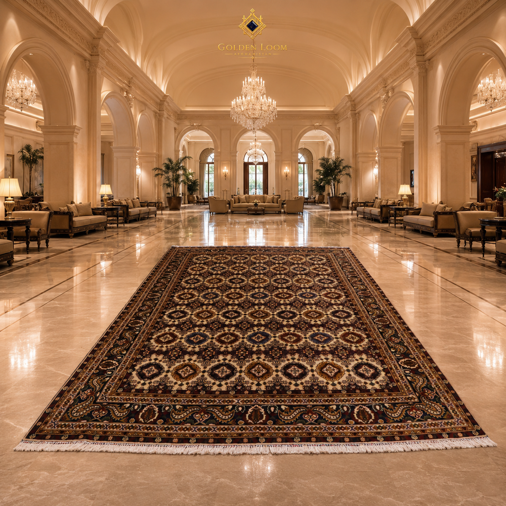 Oversized hand-knotted Afghan carpet with repeating geometric medallion field in dark brown and cream laid on polished marble floors of a palatial arched lobby, Golden Loom Afghanistan
