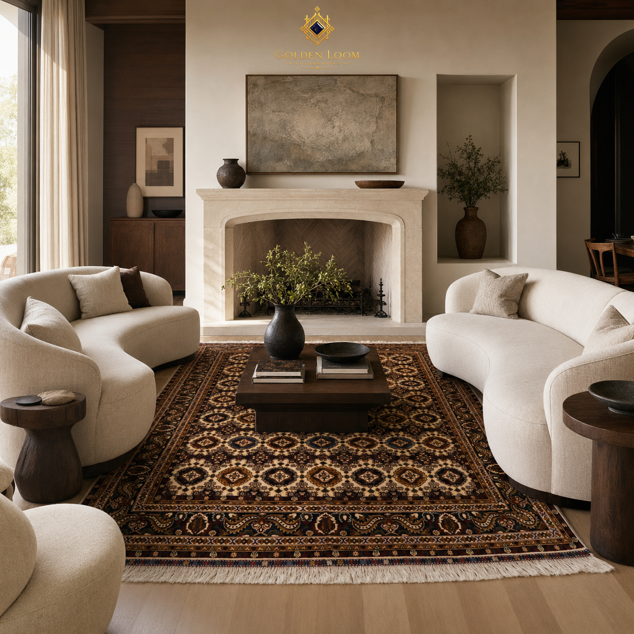 Hand-knotted Afghan rug with geometric medallion pattern in dark brown and gold anchoring a modern luxury living room with white curved sofas and fireplace, Golden Loom Afghanistan