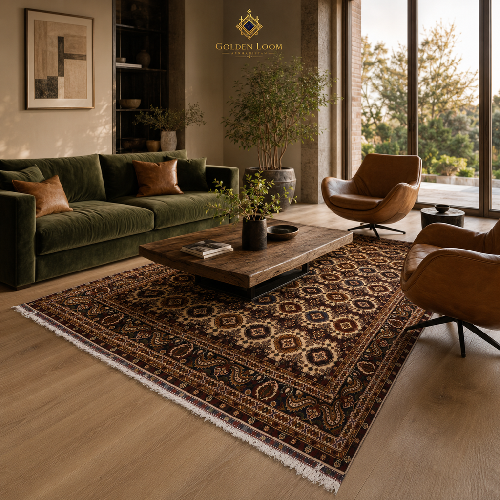 Hand-knotted Afghan area rug with all-over geometric gul pattern in dark brown and cream anchoring a luxury living room with forest green velvet sofa and leather armchairs, Golden Loom Afghanistan