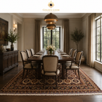 Large hand-knotted Afghan carpet in chocolate brown and ivory under a formal dining table set for eight in an elegant dining room, Golden Loom Afghanistan