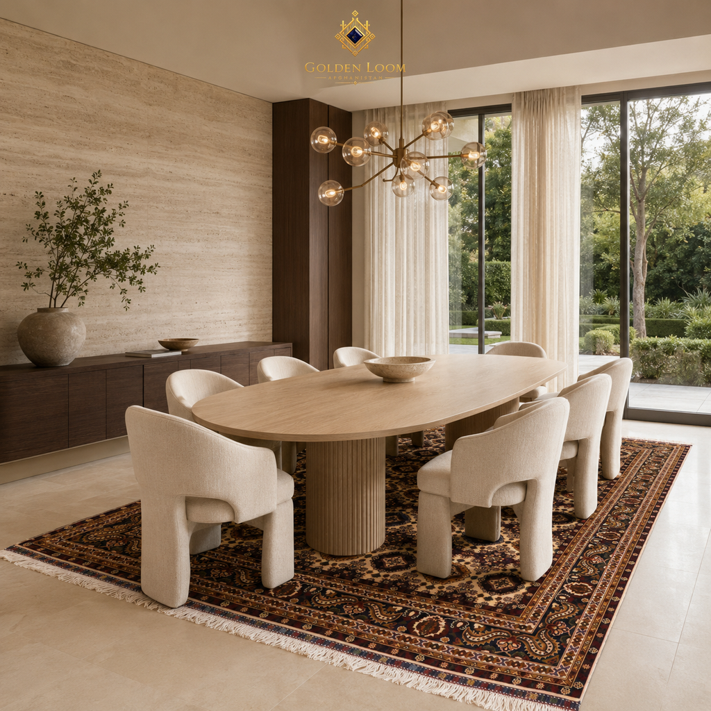 Hand-knotted Afghan carpet with traditional paisley border in dark burgundy and gold under a modern oval dining table with bouclé chairs in a light-filled luxury dining room, Golden Loom Afghanistan