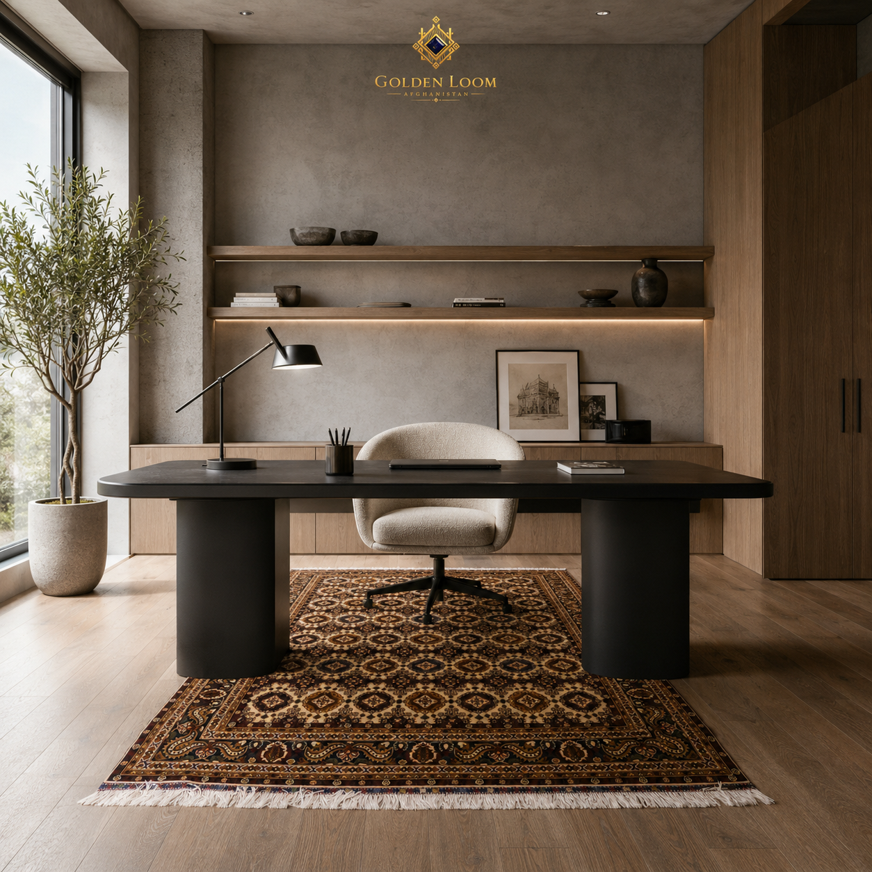 Hand-knotted Afghan carpet with all-over geometric pattern in dark brown and gold under a minimalist black desk in a contemporary home office, Golden Loom Afghanistan