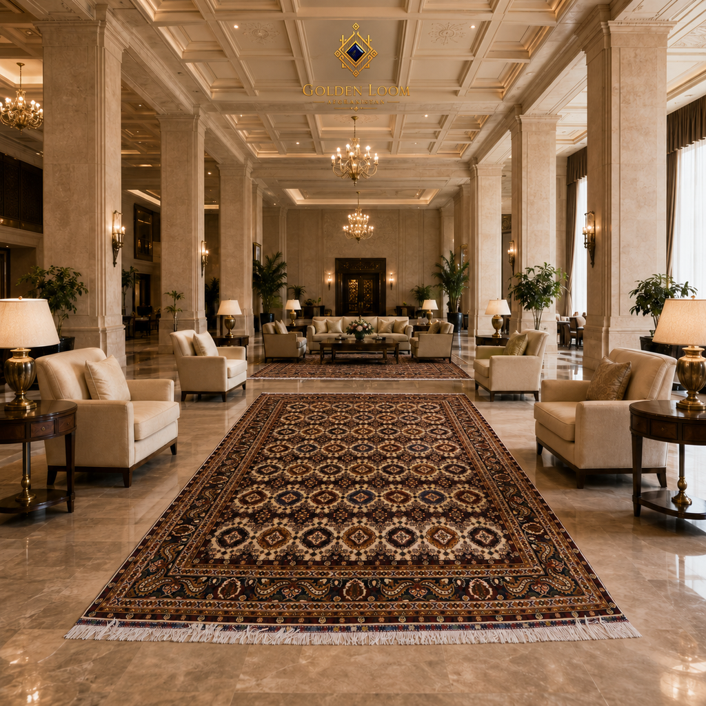 Large hand-knotted Afghan carpet with all-over medallion pattern in dark burgundy and ivory displayed in a grand hotel lobby with marble floors and crystal chandeliers, Golden Loom Afghanistan
