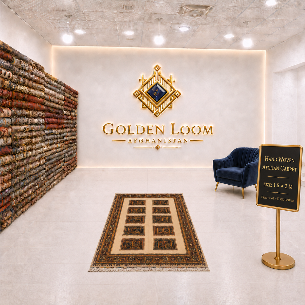 A hand-woven Afghan carpet displayed in a showroom, with a matching branded wall sign reading Golden Loom Afghan Carpet. The room has a light beige wall and floor, a blue velvet armchair, and a sign stand on the right.