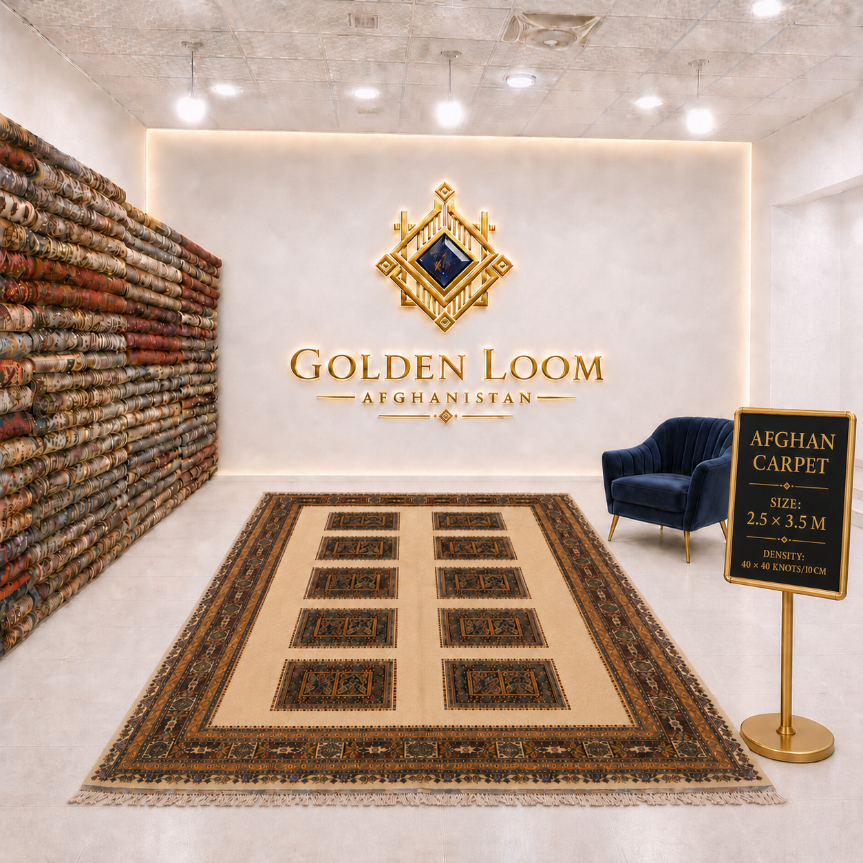 A large Afghanistan carpet displayed on the floor in a showroom, with a matching branded wall sign reading Golden Loom Afghanistan. The room has a cream wall, a blue velvet accent chair, a carpet display wall on the left, and a product sign on the right.