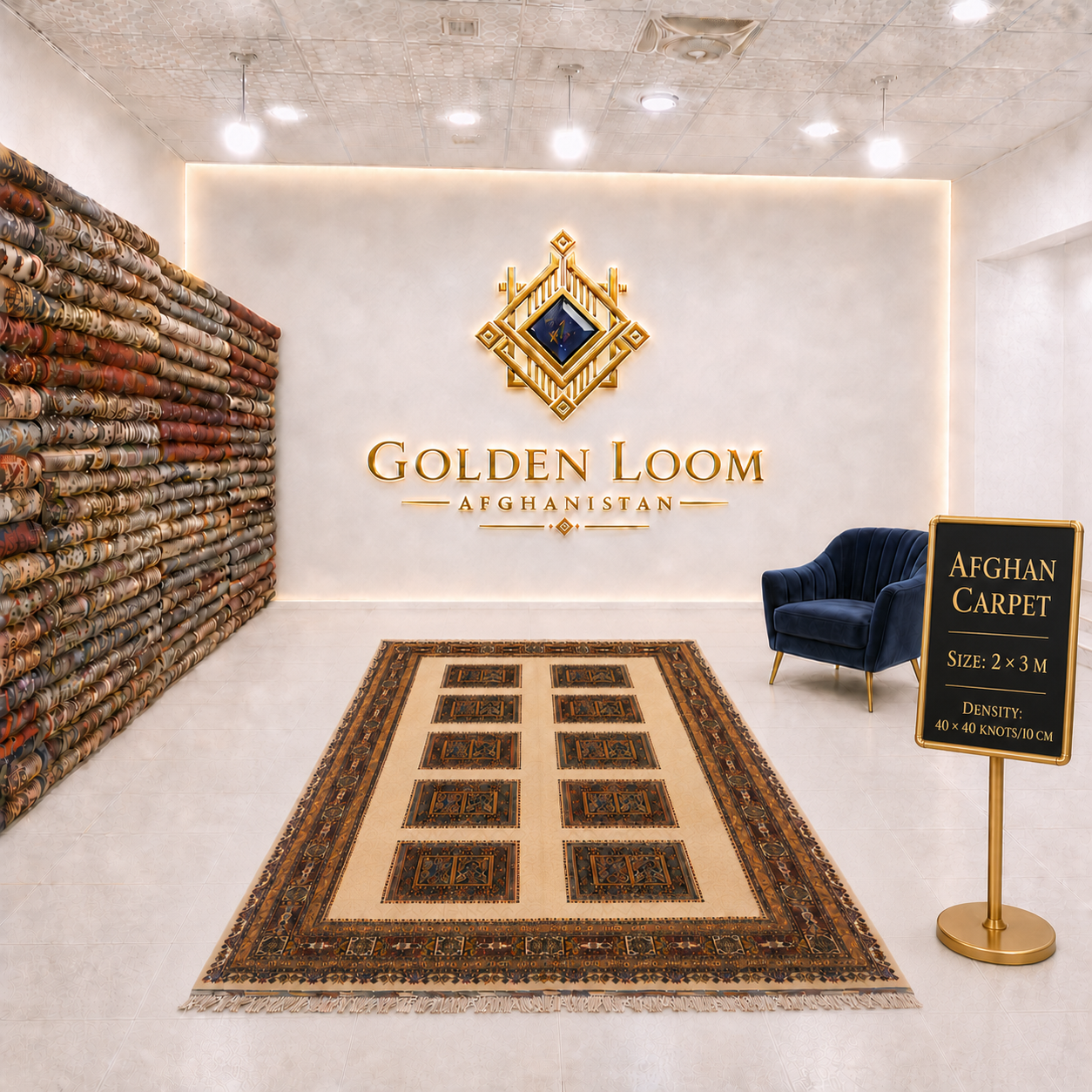 An Afghanisfan style area rug with a beige and brown geometric pattern is displayed in a showroom. The room features a large wall with the brand logo 'GOLDEN LOOM AFGHANISTAN' and a stack of other rugs on the left.