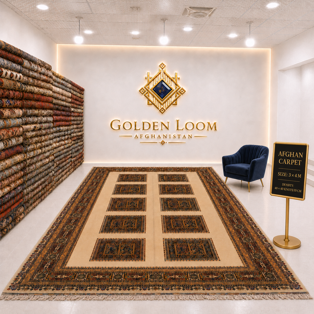 A large Afghan carpet displayed in a showroom, with a wall of similar carpets on the left, a blue accent chair, and a sign reading 'Afghan Carpet' on the right. The main carpet has a beige center with rectangular patterned panels and a dark brown border.