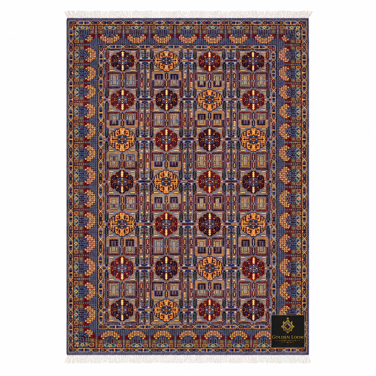 Handwoven Afghan area rug featuring intricate Turkmen-style medallion repeat pattern in burgundy, slate blue, and amber with ivory fringe — Golden Loom Afghanistan