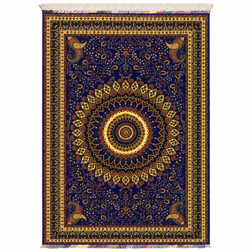Royal blue Afghan handmade carpet with intricate gold mandala medallion, floral vines, and paisley border with fringe trim