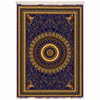 Royal blue Afghan handmade carpet with intricate gold mandala medallion, floral vines, and paisley border with fringe trim