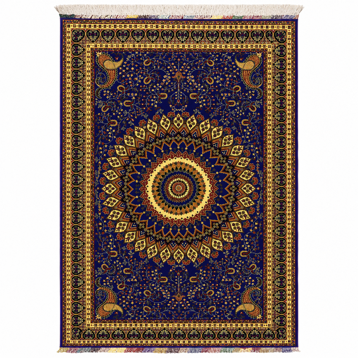 Royal blue Afghan handmade carpet with intricate gold mandala medallion, floral vines, and paisley border with fringe trim