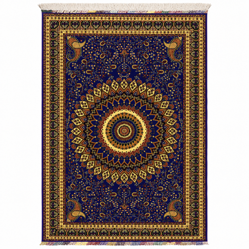 Royal blue Afghan handmade carpet with intricate gold mandala medallion, floral vines, and paisley border with fringe trim