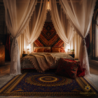 Golden Loom Afghanistan blue mandala carpet on stone floor beneath a romantic canopy bed in a richly decorated Afghan-inspired bedroom