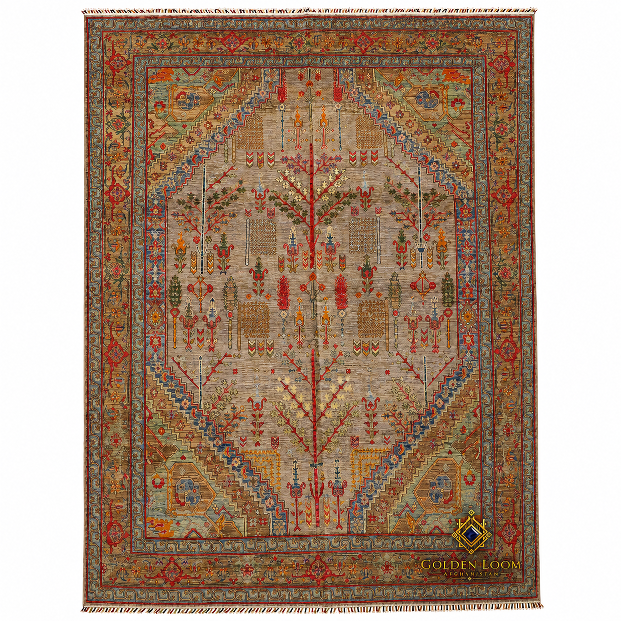 Handwoven Afghan tree-of-life carpet on white background, featuring intricate botanical motifs in red, gold, and sage on a warm beige field with tassel fringe