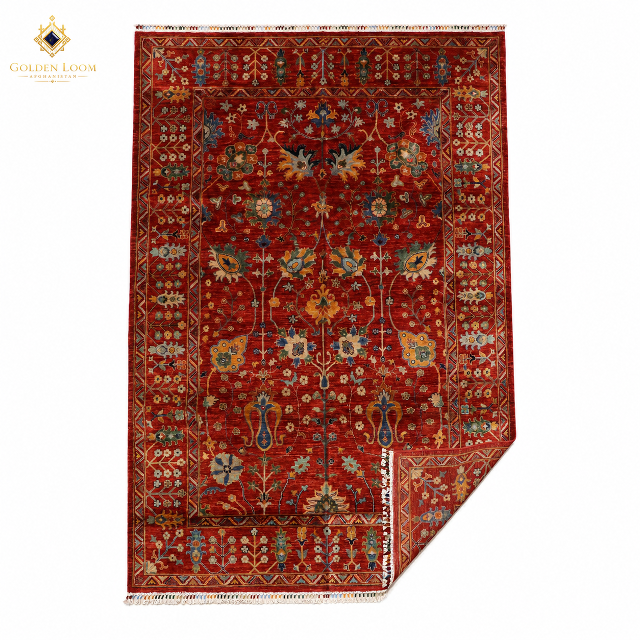 Hand-knotted Afghan Chobi rug in crimson red with all-over floral vine pattern, corner folded to show wool pile and fringe detail — Golden Loom Afghanistan