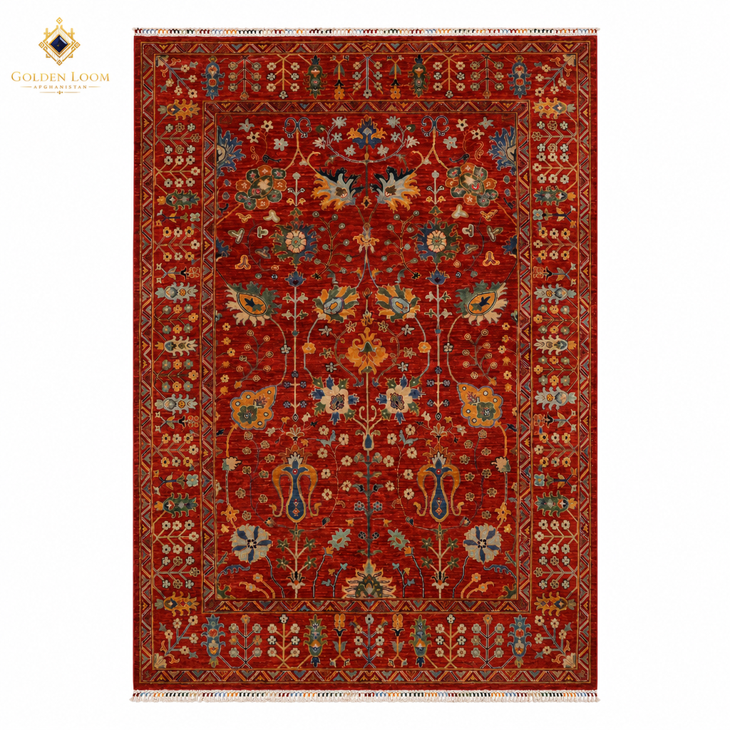 Chobi Kashan handwoven Afghan carpet with rich red field and multicolour floral motifs