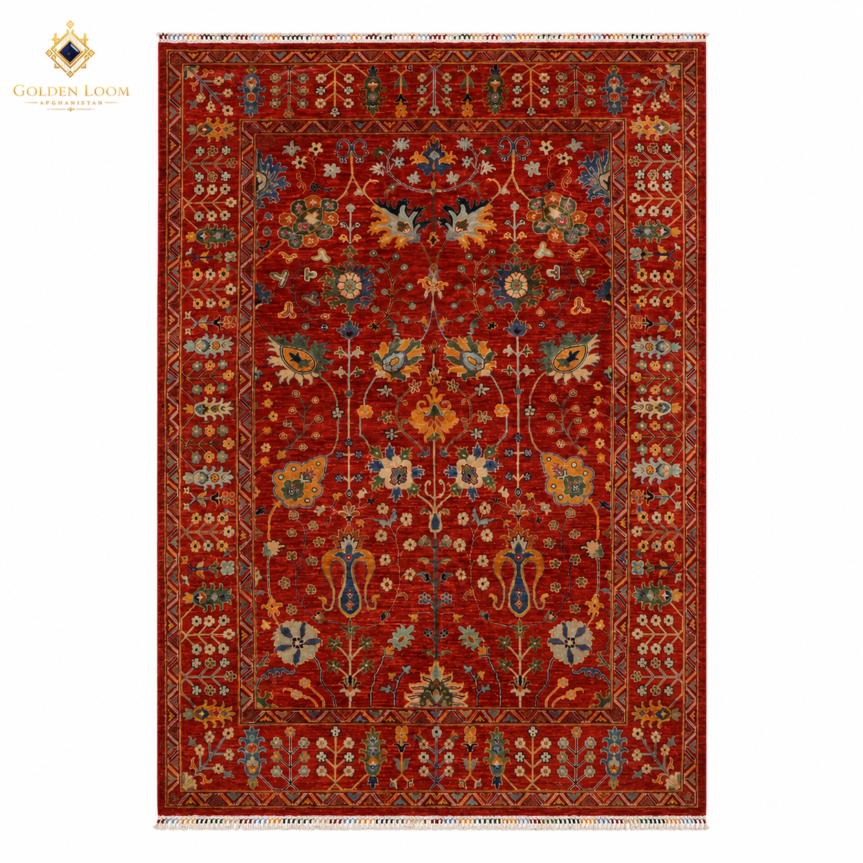Chobi Kashan handwoven Afghan carpet with rich red field and multicolour floral motifs
