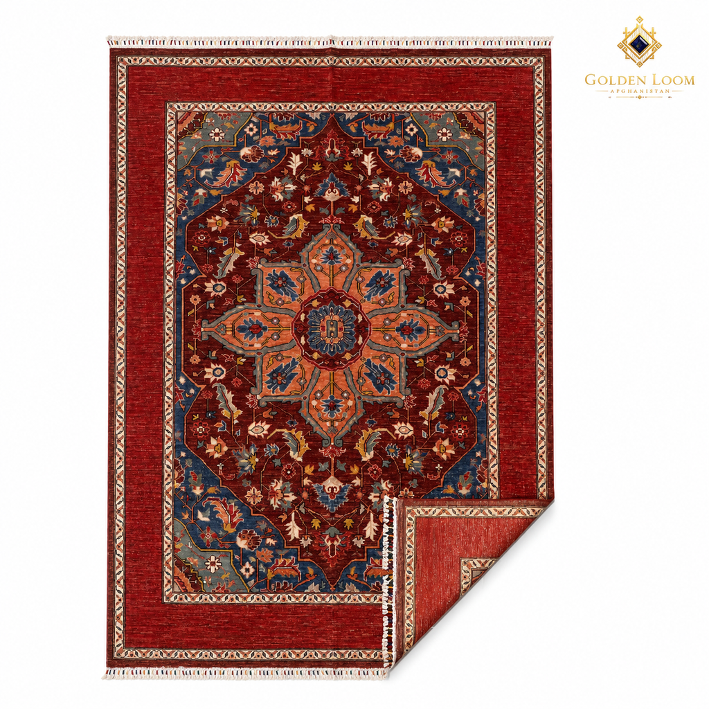 Full flat-lay of Chobi Kashan hand-knotted Afghan wool carpet with folded corner detail, showing red field, navy border, and ivory fringe on white background — Golden Loom Afghanistan