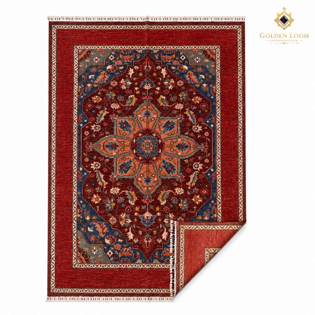 Full flat-lay of Chobi Kashan hand-knotted Afghan wool carpet with folded corner detail, showing red field, navy border, and ivory fringe on white background — Golden Loom Afghanistan
