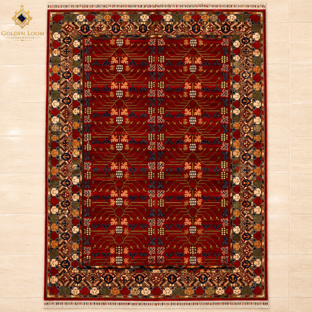 Sultani Chobi hand-knotted Afghan carpet in deep crimson red with traditional floral border, made in Balkh Mazar-e-Sharif