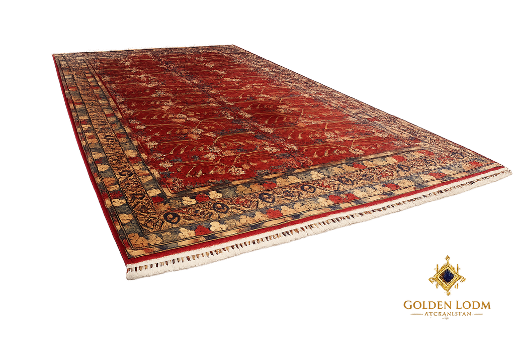 Sultani Chobi hand-knotted Afghan carpet in deep crimson red displayed on white background, showing full rug with decorative border and ivory fringe, Golden Loom Afghanistan