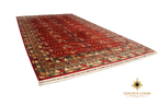 Sultani Chobi hand-knotted Afghan carpet in deep crimson red displayed on white background, showing full rug with decorative border and ivory fringe, Golden Loom Afghanistan