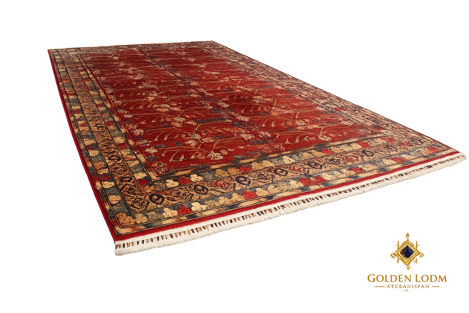 Sultani Chobi hand-knotted Afghan carpet in deep crimson red displayed on white background, showing full rug with decorative border and ivory fringe, Golden Loom Afghanistan