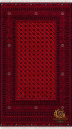 Full view of a hand-knotted Afghan Bokhara rug in deep crimson red with traditional geometric gul medallion pattern and ivory fringe border — Golden Loom Afghanistan