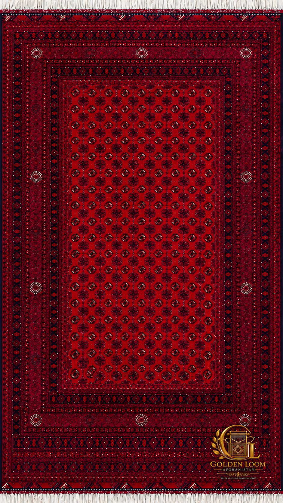 Full view of a hand-knotted Afghan Bokhara rug in deep crimson red with traditional geometric gul medallion pattern and ivory fringe border — Golden Loom Afghanistan