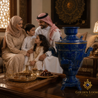 Lapis Lazuli Samovar with brass gold accent ring displayed beside a Gulf Arab family celebrating together with dates and traditional tea set — Golden Loom Afghanistan