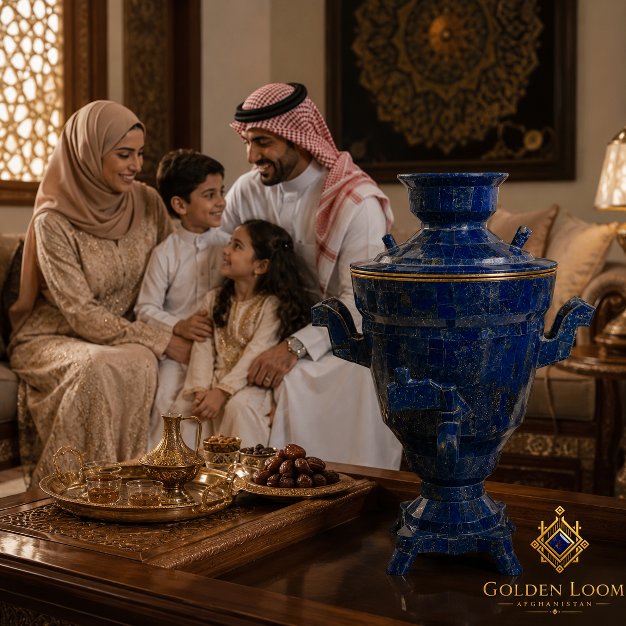 Lapis Lazuli Samovar with brass gold accent ring displayed beside a Gulf Arab family celebrating together with dates and traditional tea set — Golden Loom Afghanistan