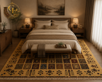 Afghan Chobi rug styled in a modern living room – golden wheat and multicolor hand-knotted wool carpet