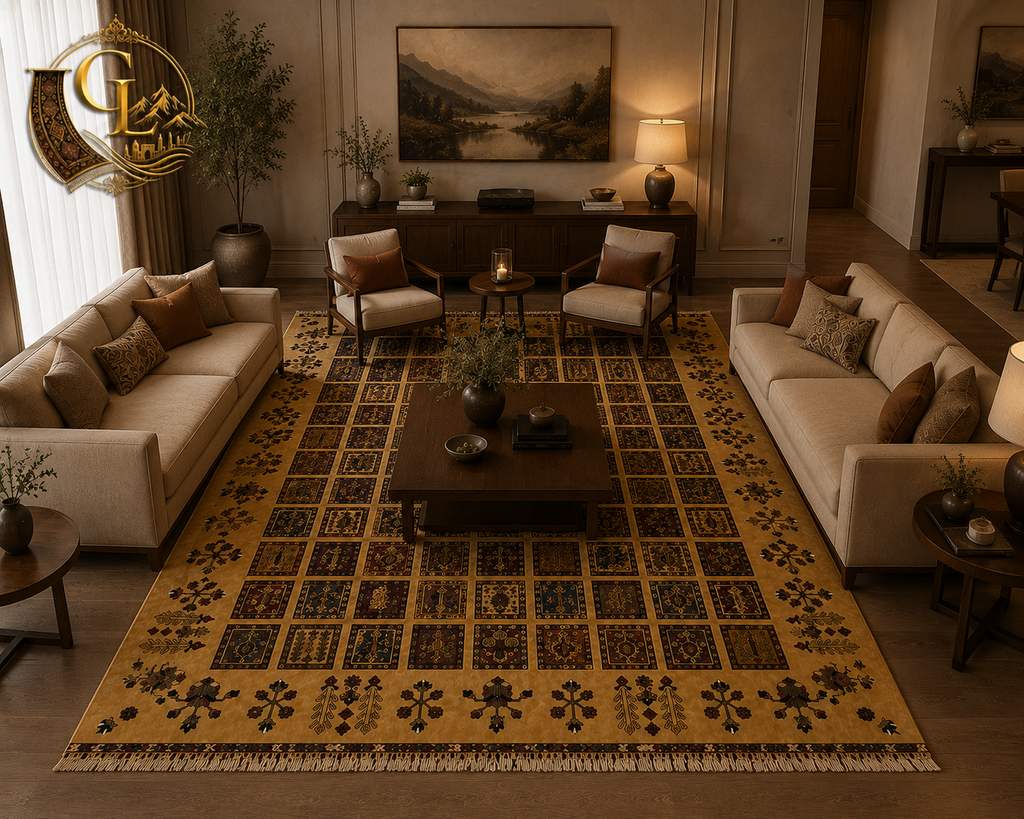 Hand-knotted Afghan Chobi rug in a dining or salon space – golden and burgundy tribal design from Mazar-i-Sharif
