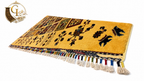 Angled full view of Afghan Chobi rug displaying golden field, compartment mirror panels, and multicolor cotton fringe tassels – 100% Turkman wool, Balkh Province