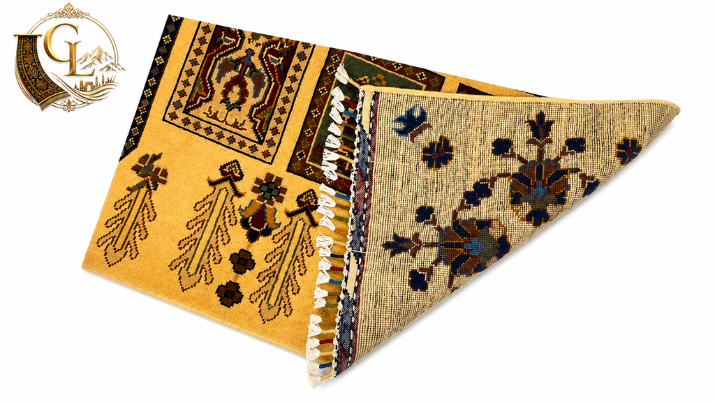 Folded corner of Afghan Chobi rug showing golden wool pile, tribal motifs, and natural cotton foundation – hand-knotted craftsmanship from Mazar-i-Sharif, Afghanistan